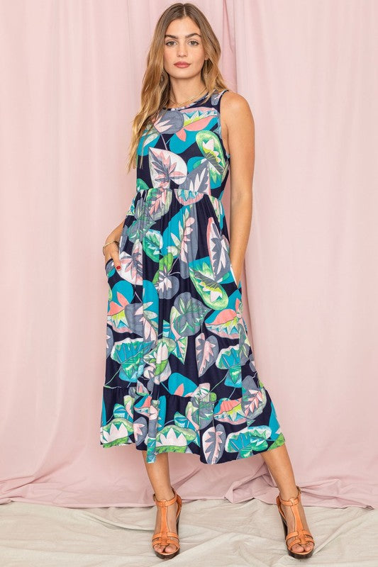 Sleeveless Print Ruffled Hem Tea-Length Dress