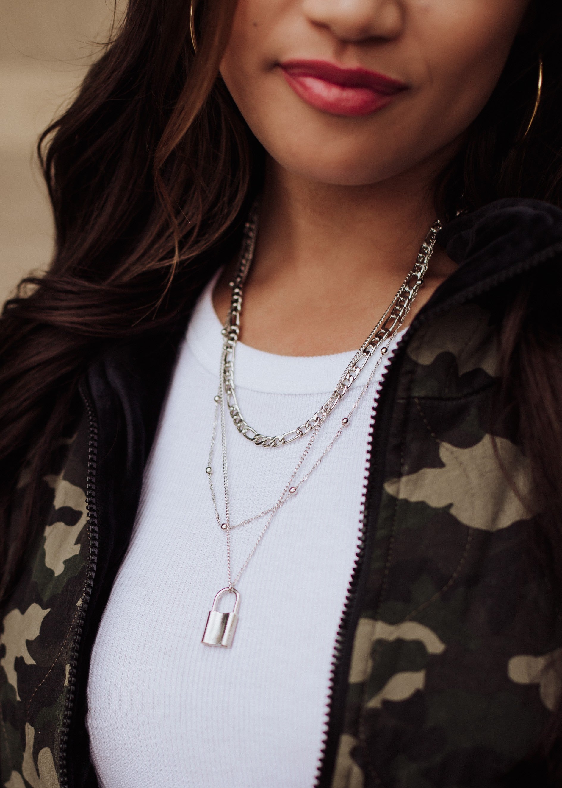 Silver Layered Lock Necklace