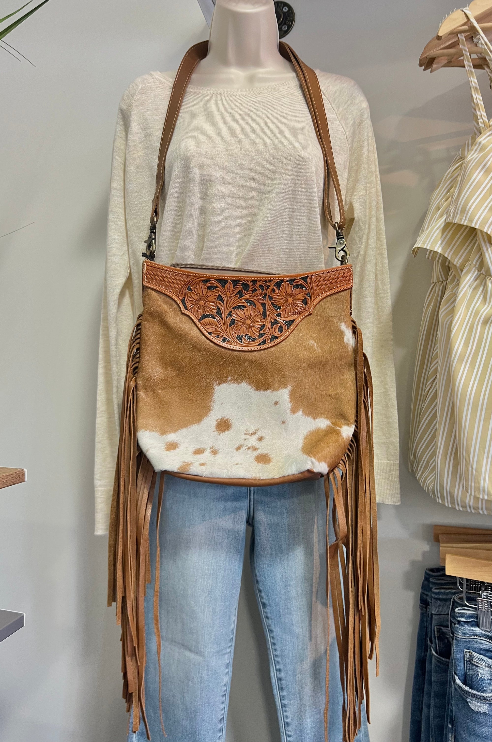 Hand Tooled Cowhide and Leather Crossbody
